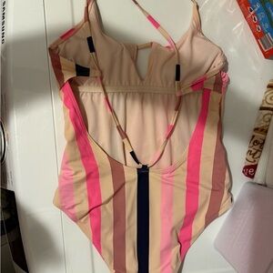 Xhilaration Pink and Tan Striped One Piece Swimsuit with Plunging V-Neck